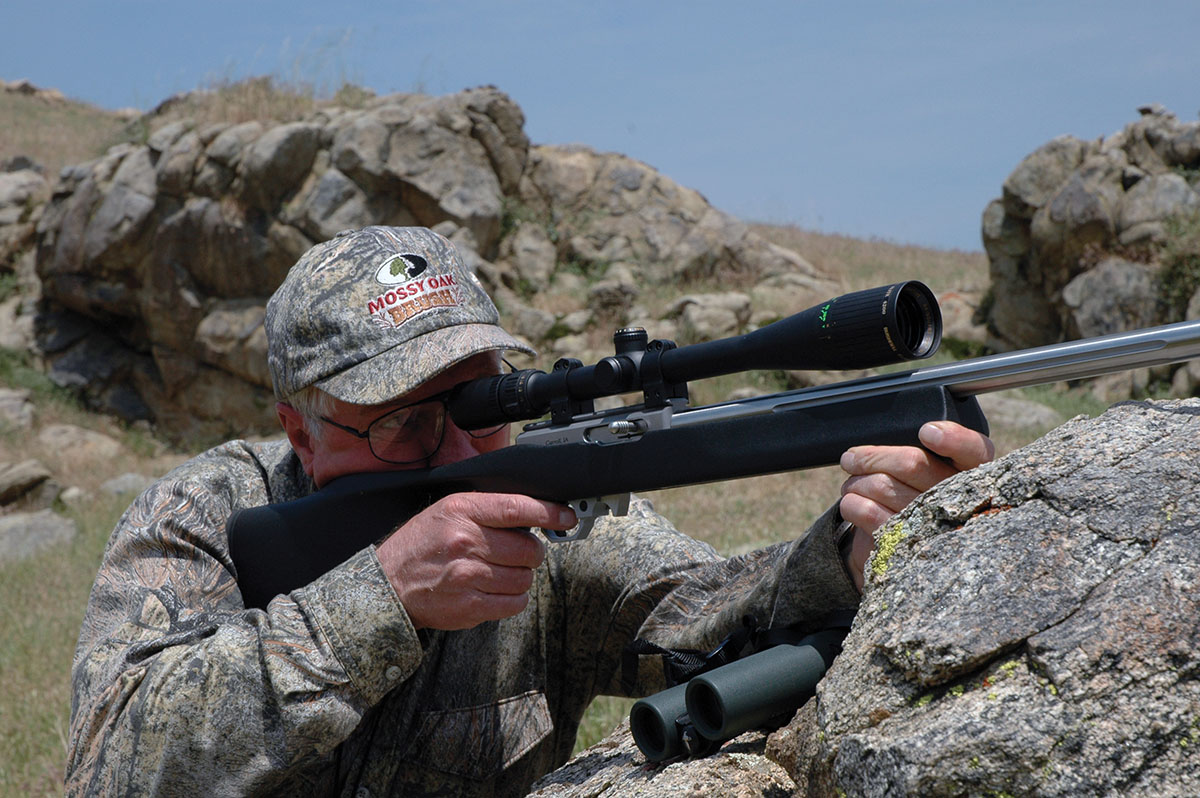When shooting ground squirrels with the 17 Mach 2, Layne prefers a variable-power scope with plenty of magnification at the top for reasonably long shots along with sufficient field at the lower end of its magnification range for close shots. An excellent example is this Bushnell Elite 4200 6-24x on a Volquartsen Deluxe rifle.